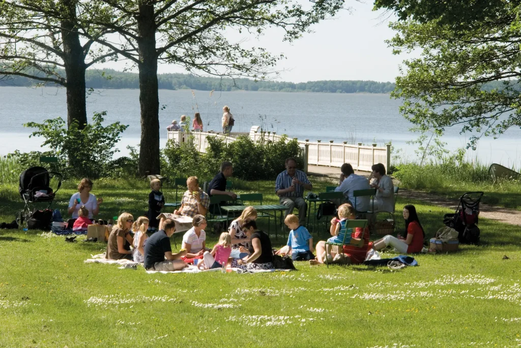 Sällskap som har picknick på gräsmatta vid en sjö.