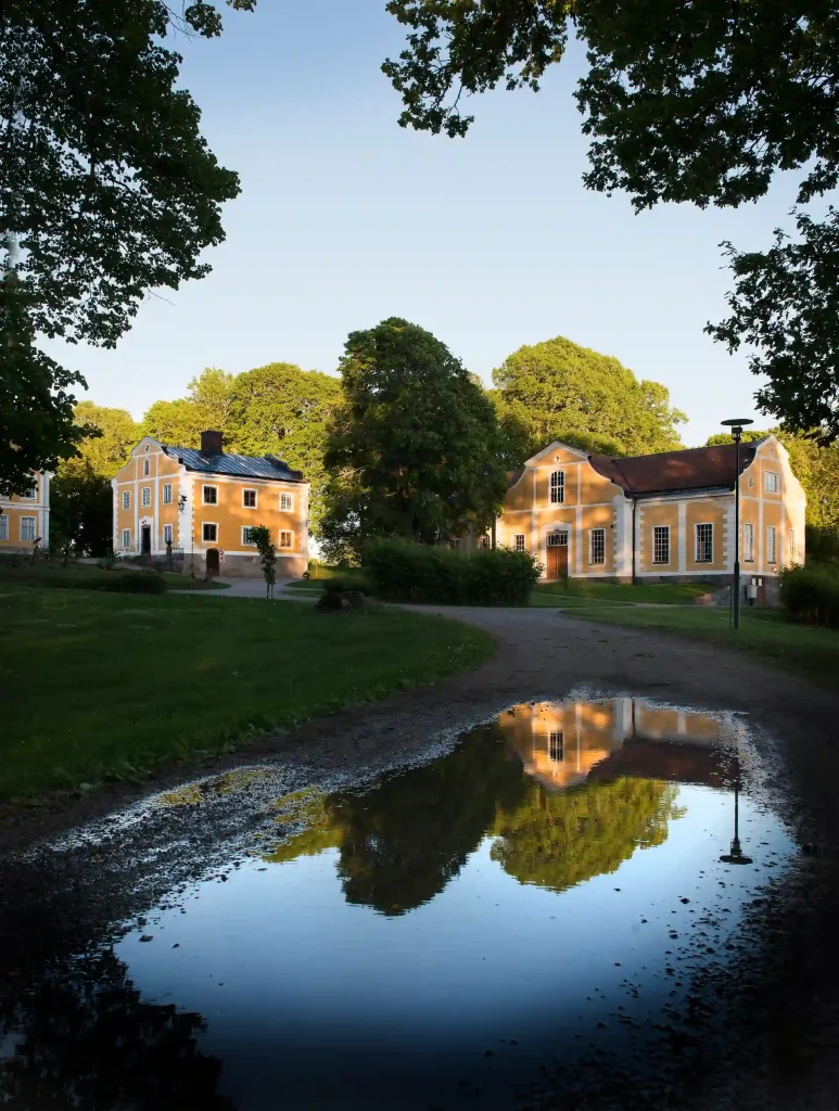 Tre hus med vita knutar och mörkt tak, omgiven av grönskande trädgård och ett träd samt grusväg med en vattenpöl i framgrunden.