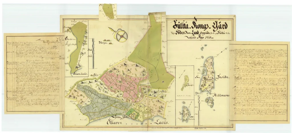Avbildad karta på Julita gård och två texter på varsin sida av kartan från år 1735.