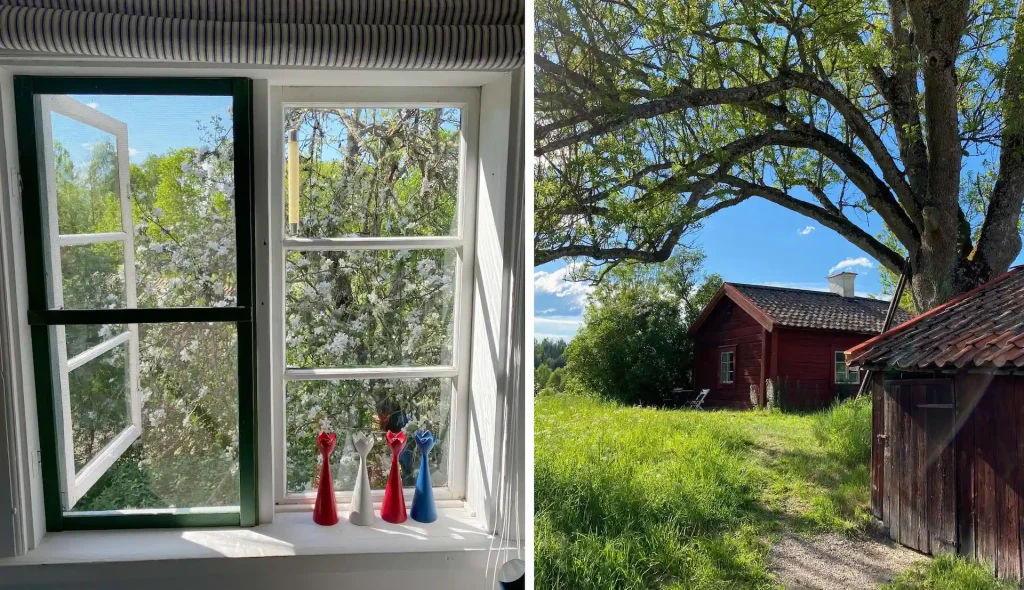 ett uppslaget köksfönster ut mot ett torp